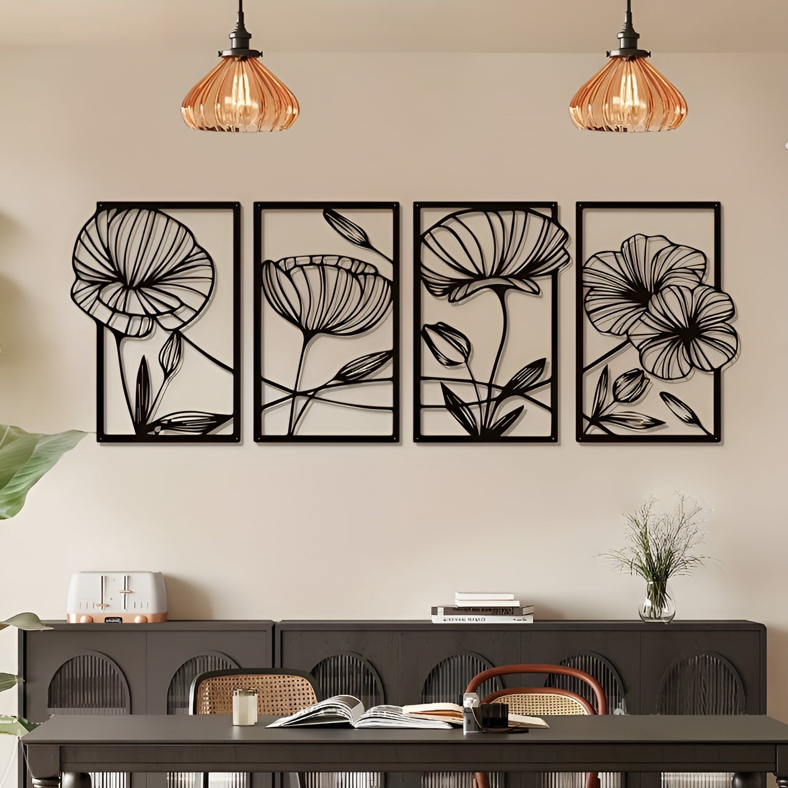 LotusCharm Decor - 4-teiliges Blumen-Metall-Wanddekor Elegare