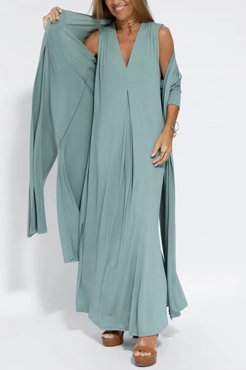 Sonja Dress - Langärmeliges V-Ausschnitt Kleid mit Cardigan Elegare