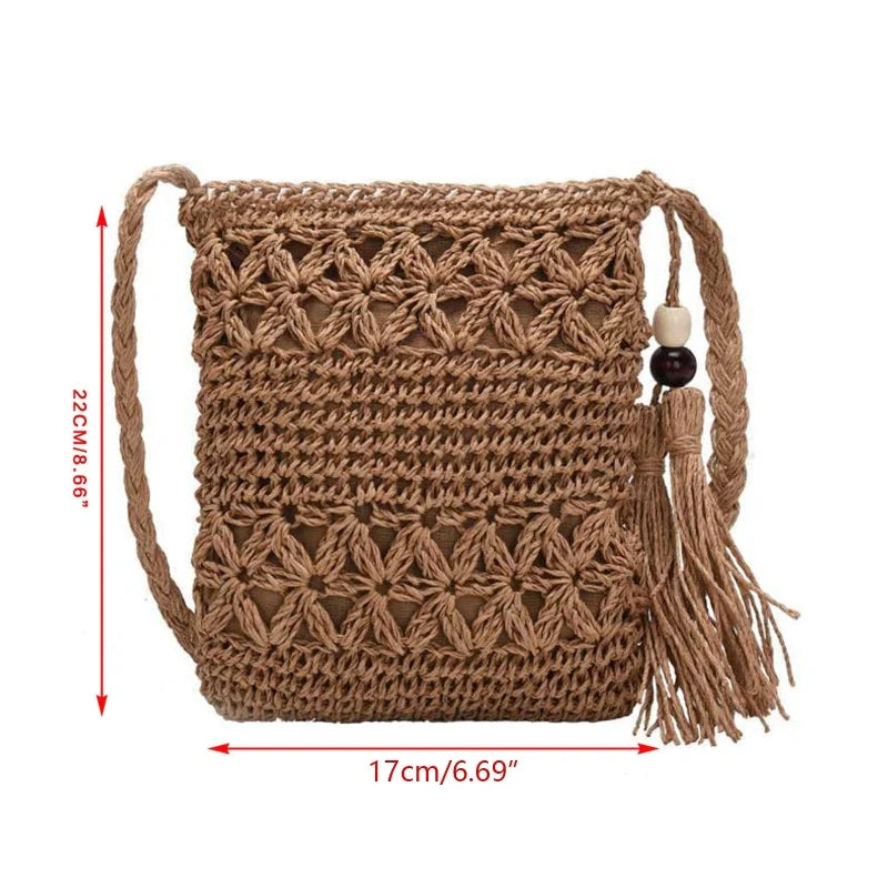 Angelina Bag - Modische gewebte Boho-Häkel-Tasche mit Quaste Elegare