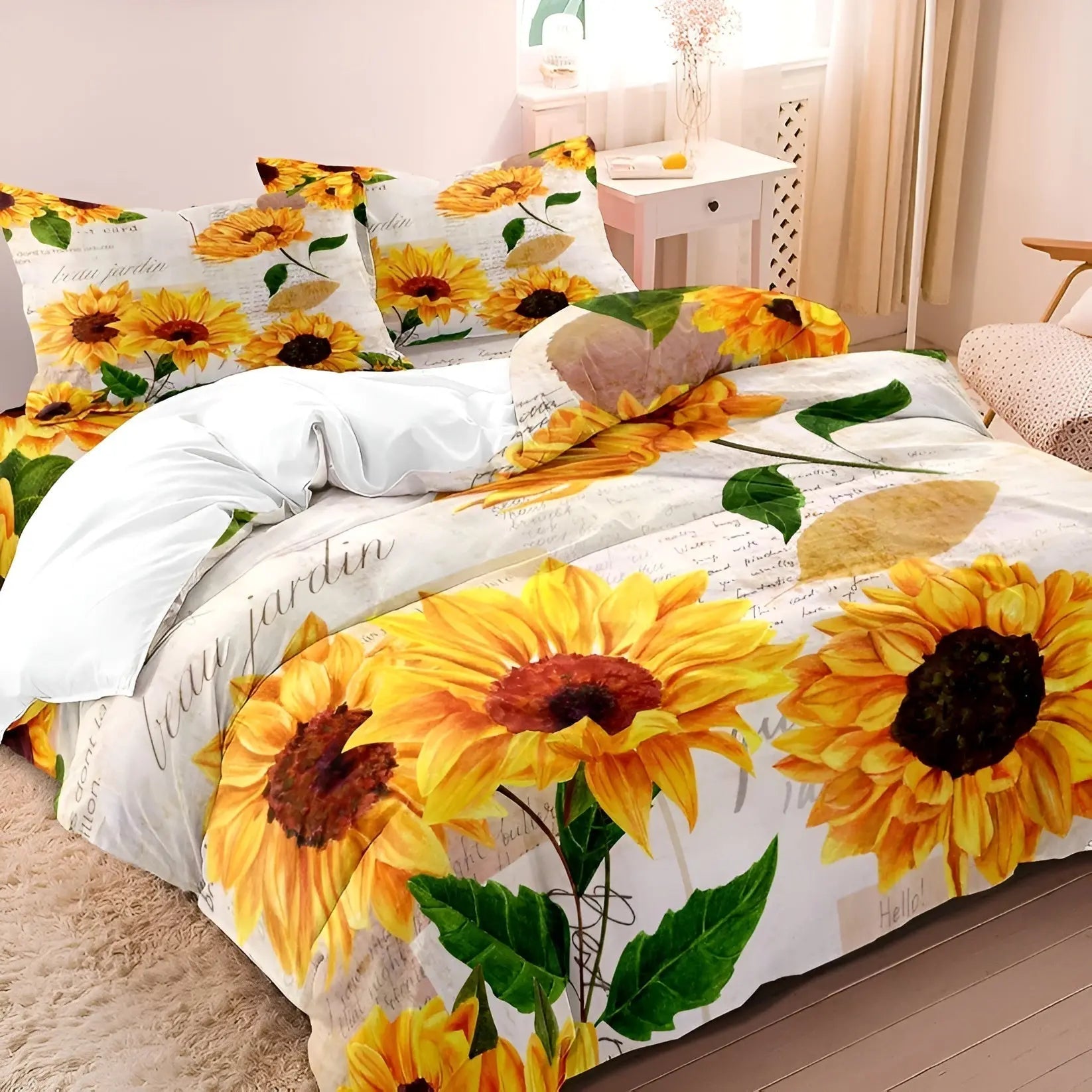 SunflowerBliss Bettwäsche Set - Gedrucktes Sonnenblumen Bettbezug Set Elegare