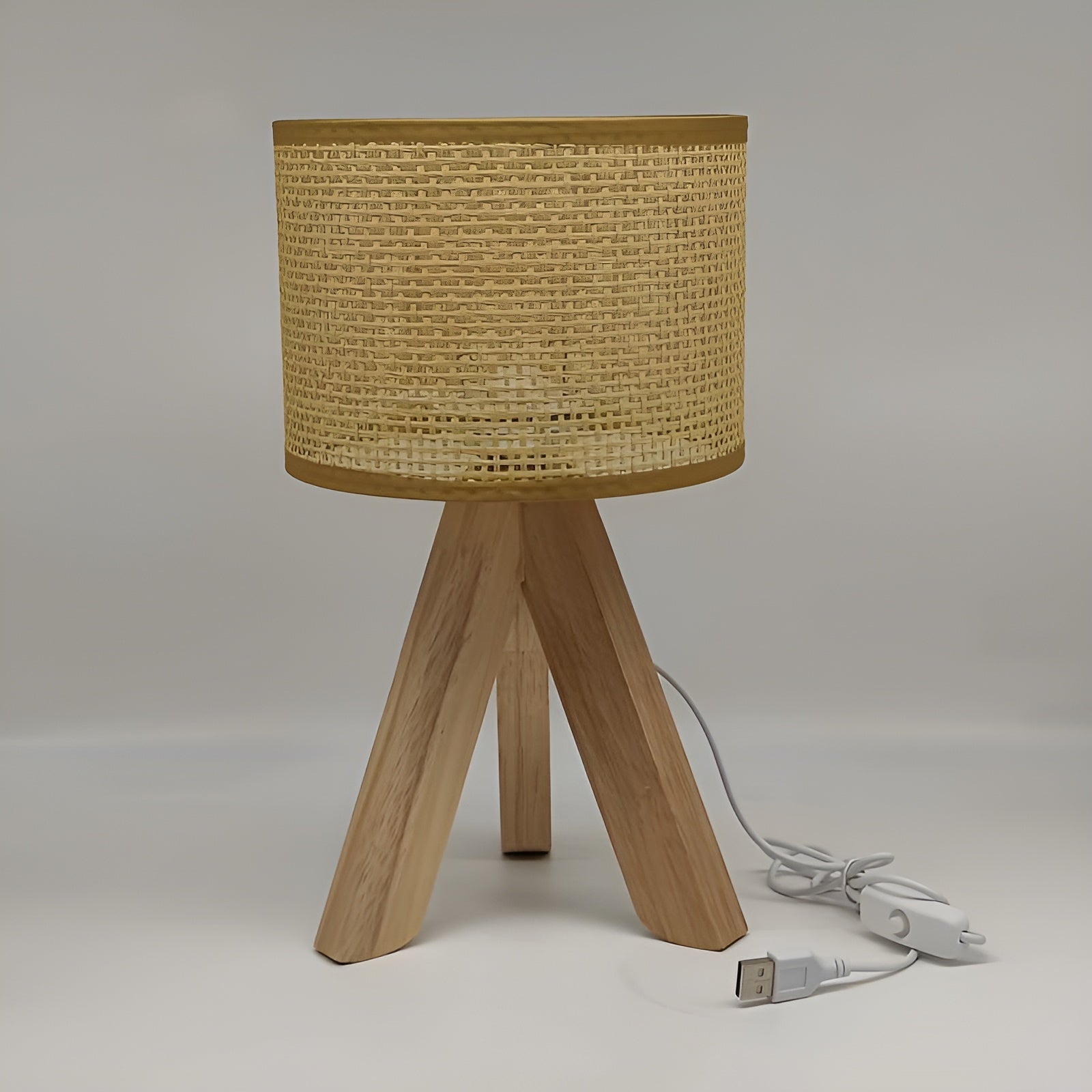 WovenWood Lampe - Handgefertigte USB-Betriebene Tischlampe mit Rattan-Stativ Elegare