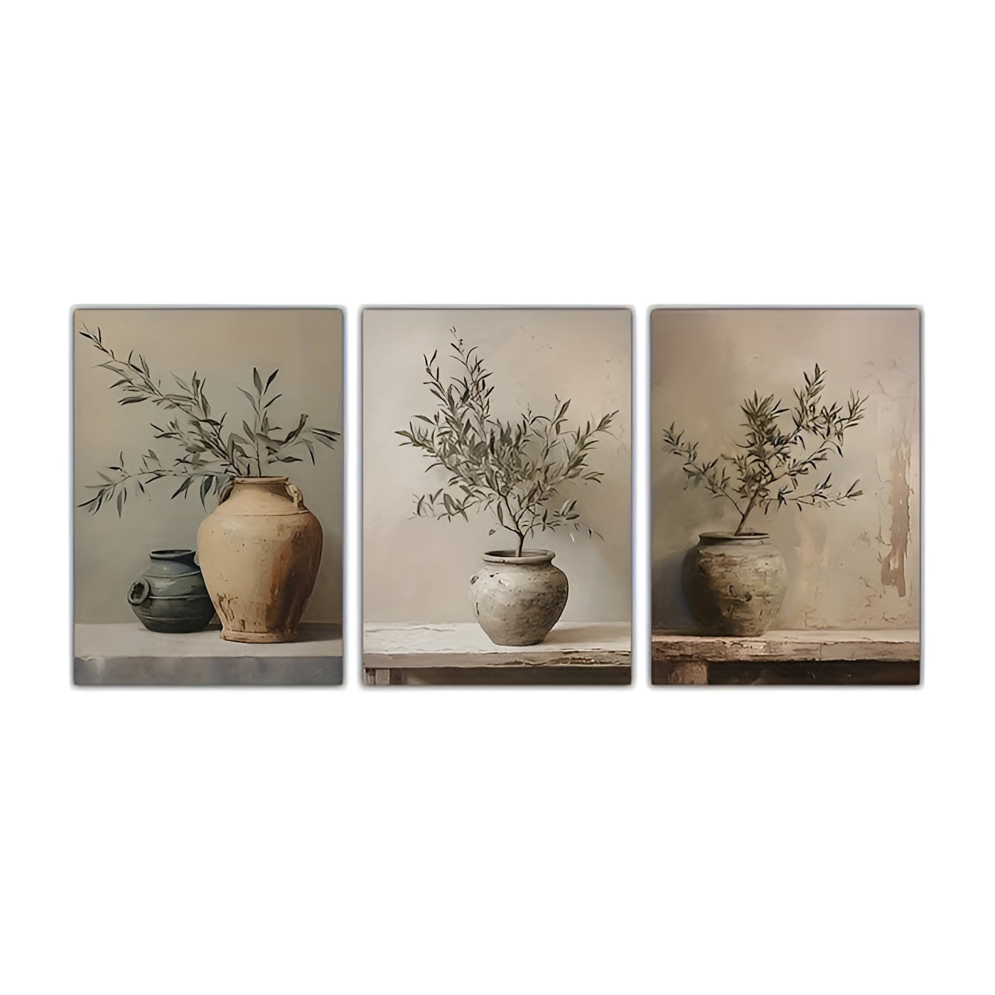 OliveVase Canvas Art - Vintage Minimalistische 3st Set Botanische Muurkunst