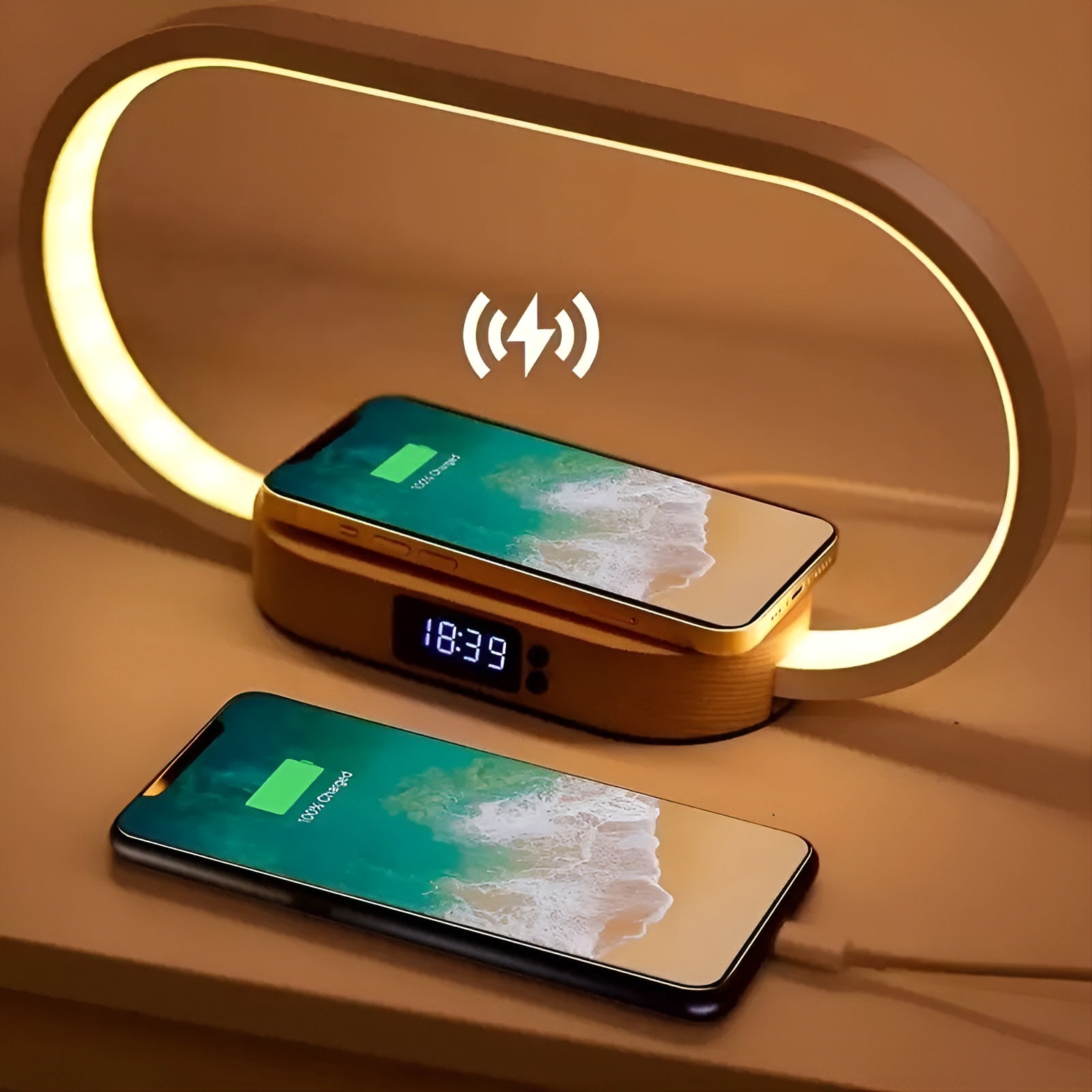 RadiantCharge Lamp - Multifunktionale Wireless Charger Pad Standuhr LED Schreibtischlampe Elegare