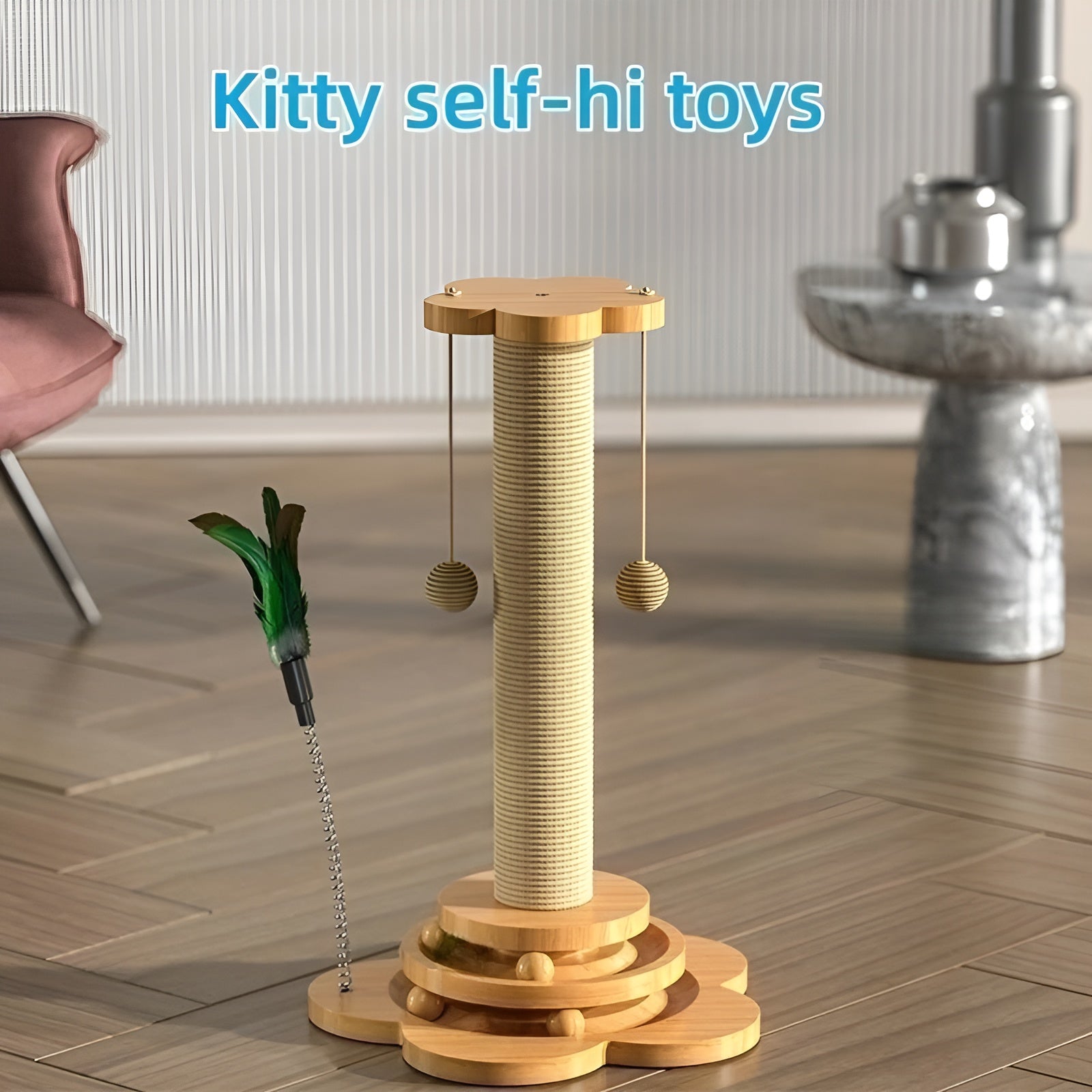 WhiskerWood Toy - Strapazierfähiges Holzspielzeug mit Bällen für Katzen Elegare