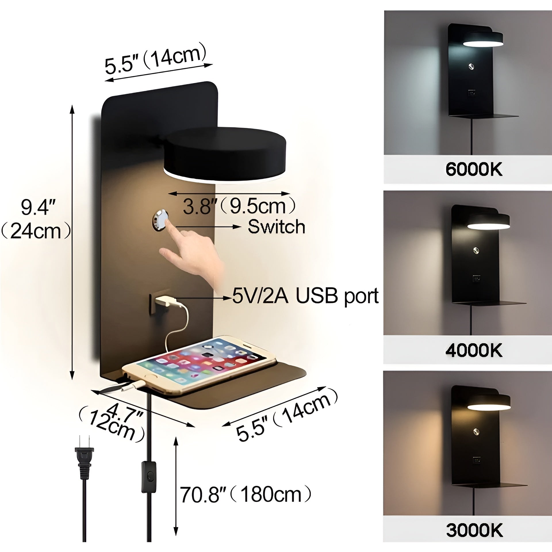 ChargeBright Light - Schwarze und weiße LED-Wandleuchte mit Schalter und USB-Ladeanschluss Elegare